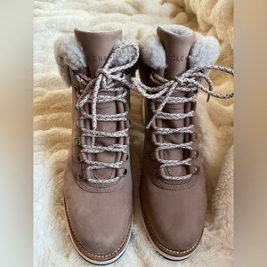 Cole Haan Brown Lace Up Boots with Gray Fur Trim